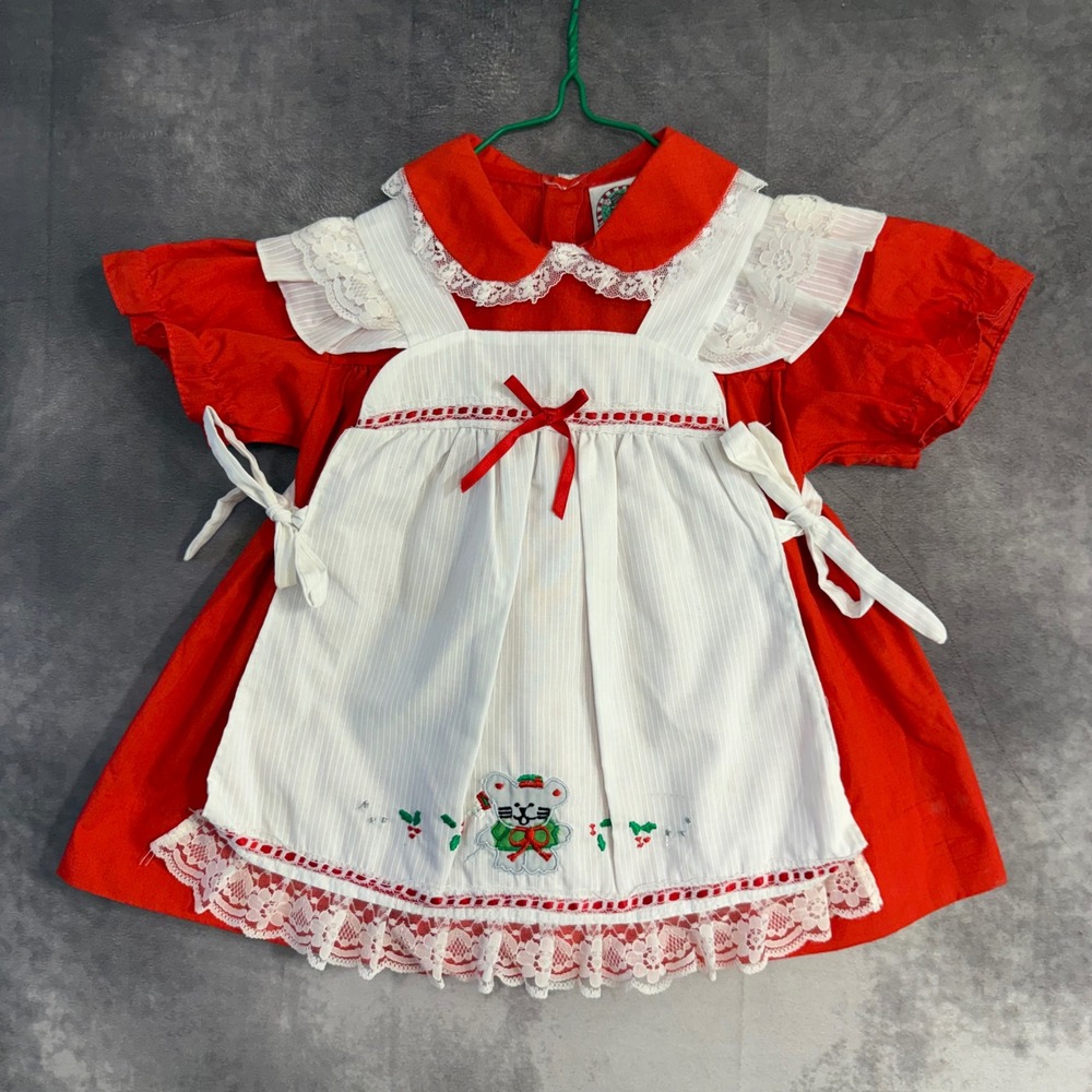 Vintage Santas Club Red Christmas Dress White Lace Pinafore Mouse 24M M22522DKH